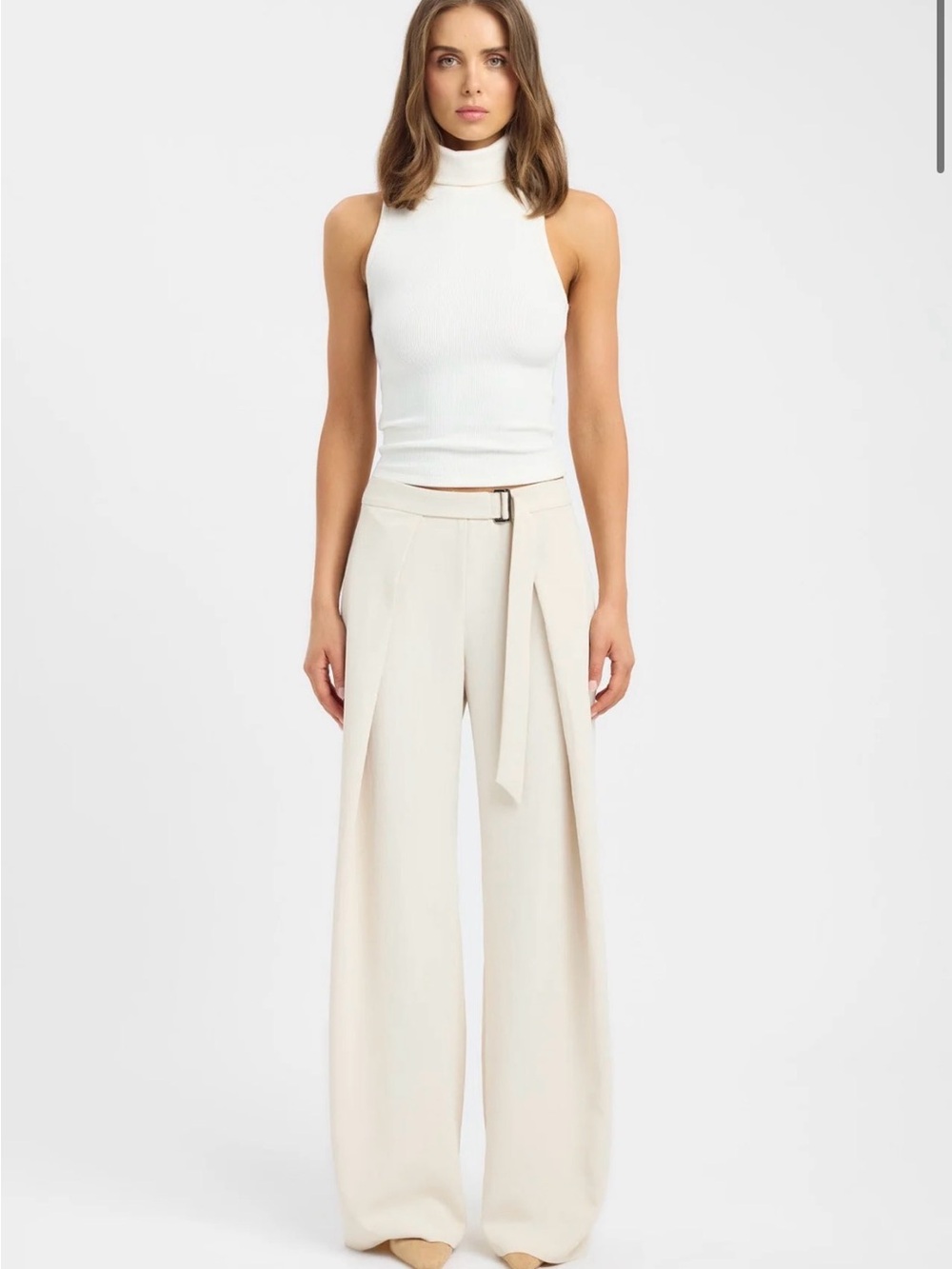 Kookai Cream Wide-Leg High-Waist Tie-Belt Trousers US SZ 4